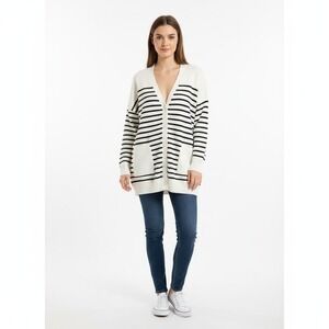 White Birch Women L/XL Striped Knit Cardigan V Neck Button Front Cottage Cozy
